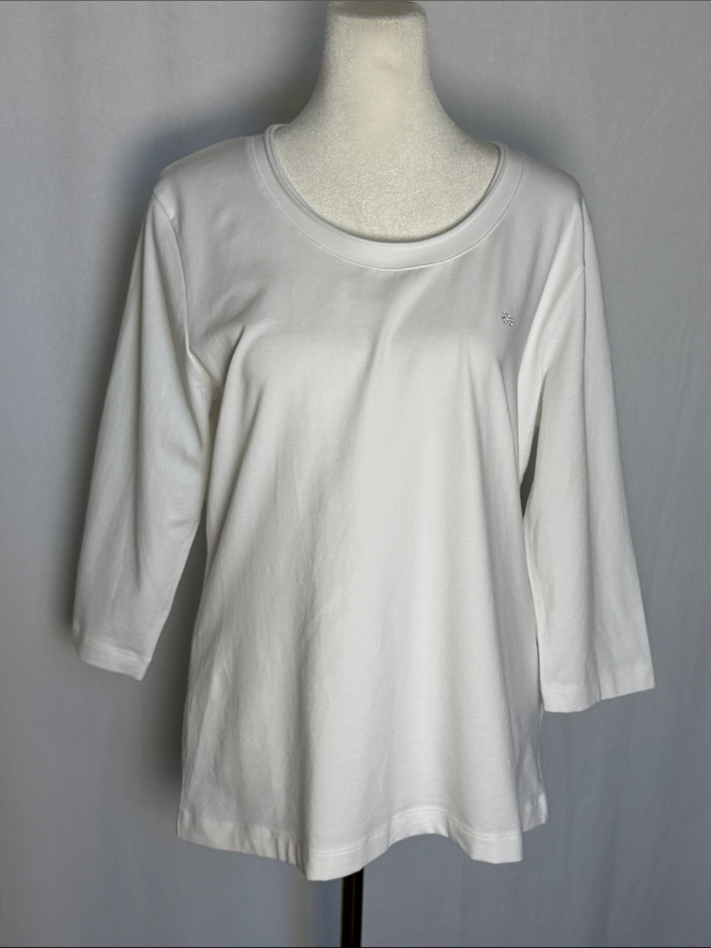 NEW Escada Sport Swarovski Crystal Logo White Scoop Neck Top Size L 3/4 Sleeves